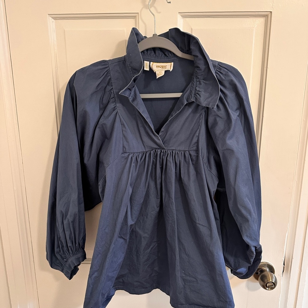 Emily McCarthy Navy Blue Gathered V-Neck Top